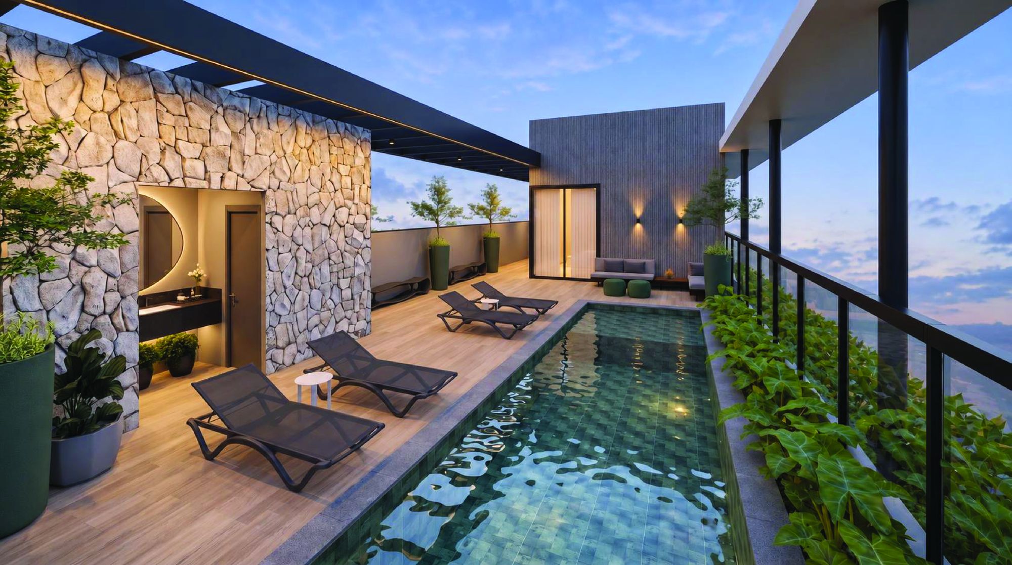 Rooftop e piscina: Piscina com deck e solário